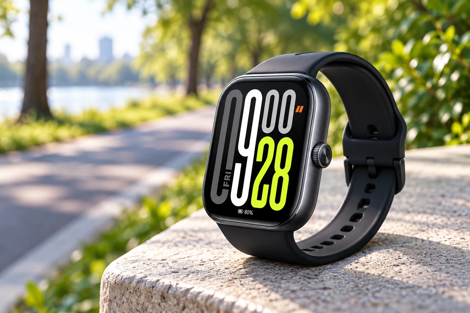 KI-Symbolbild: schwarze Xiaomi Redmi Watch 5 auf einer Steinbank am Parkweg