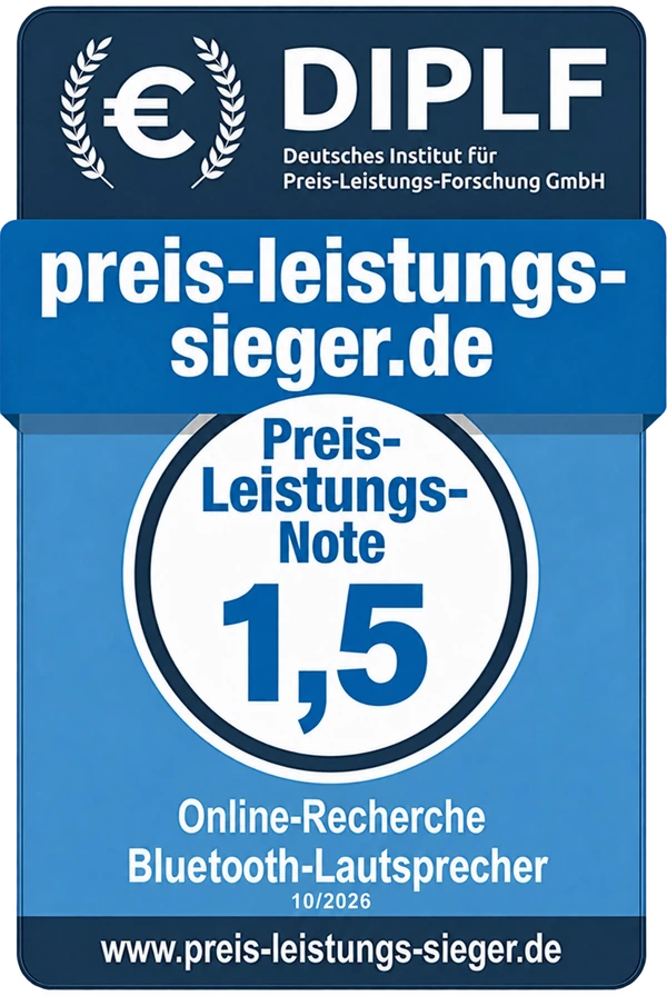 PLS Preis-Leistungs-Note 1,5 für Bluetooth-Lautsprecher, Online-Recherche Oktober 2026