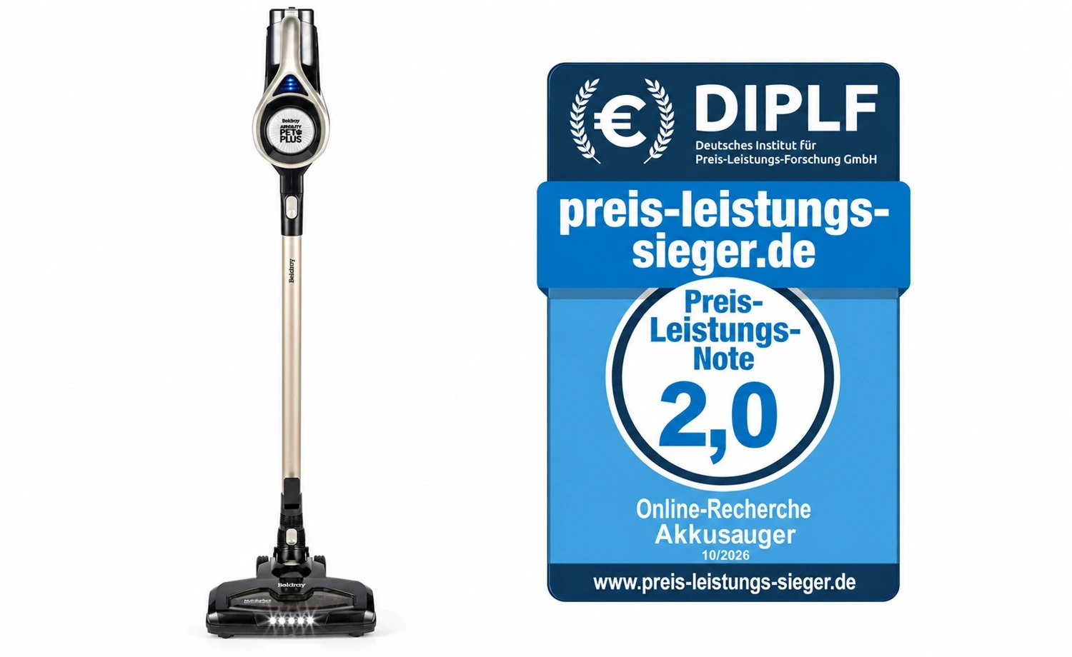 Beldray Airgility Cordless Pet+ mit redaktionellem P/L-Siegel · KI-Montage