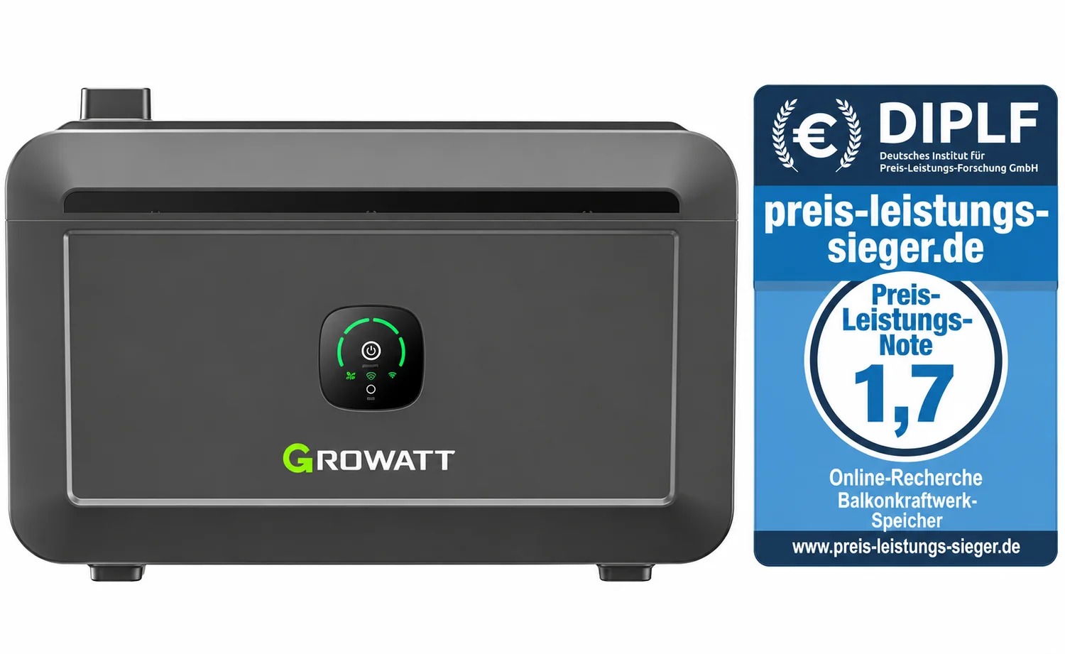 Growatt NOAH 2000 mit unserem eigenen Preis-Leistungs-Siegel und Note 1,7