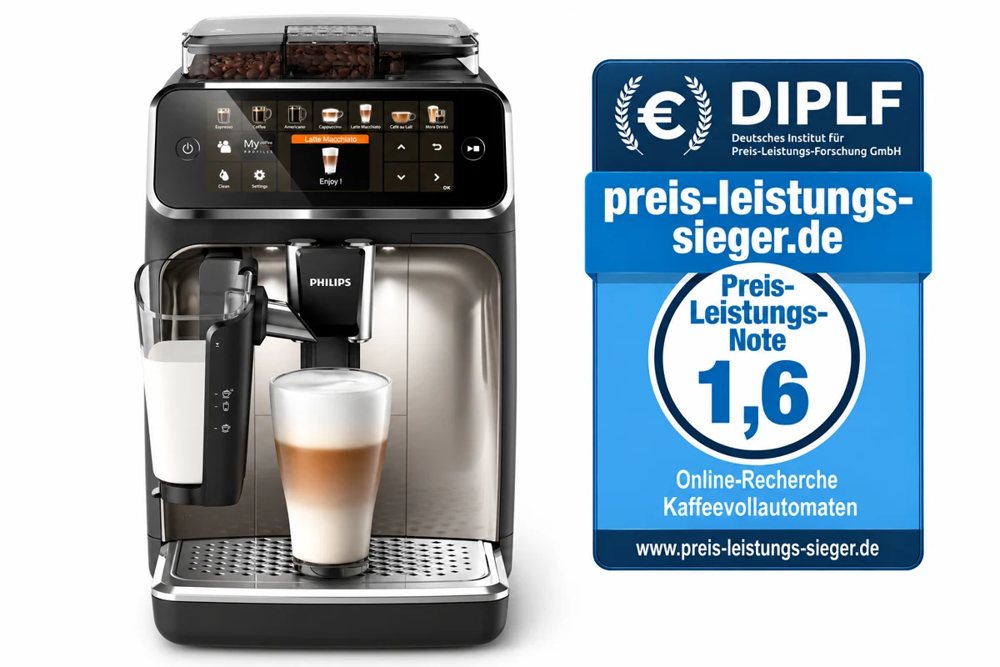 Philips 5400 LatteGo EP5447/90 – eigenes PLS-Siegel 1,6. Symbolbild/KI nach bereitgestellter Produktabbildung.