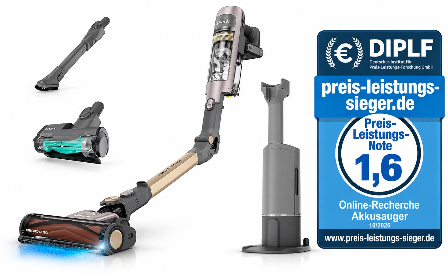 Shark PowerDetect Speed Luxe mit eigenem P/L-Siegel · KI-Montage