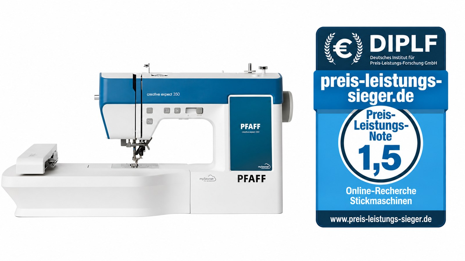 Pfaff creative expect 350 auf weißem Hintergrund mit Preis-Leistungs-Siegel 1,5