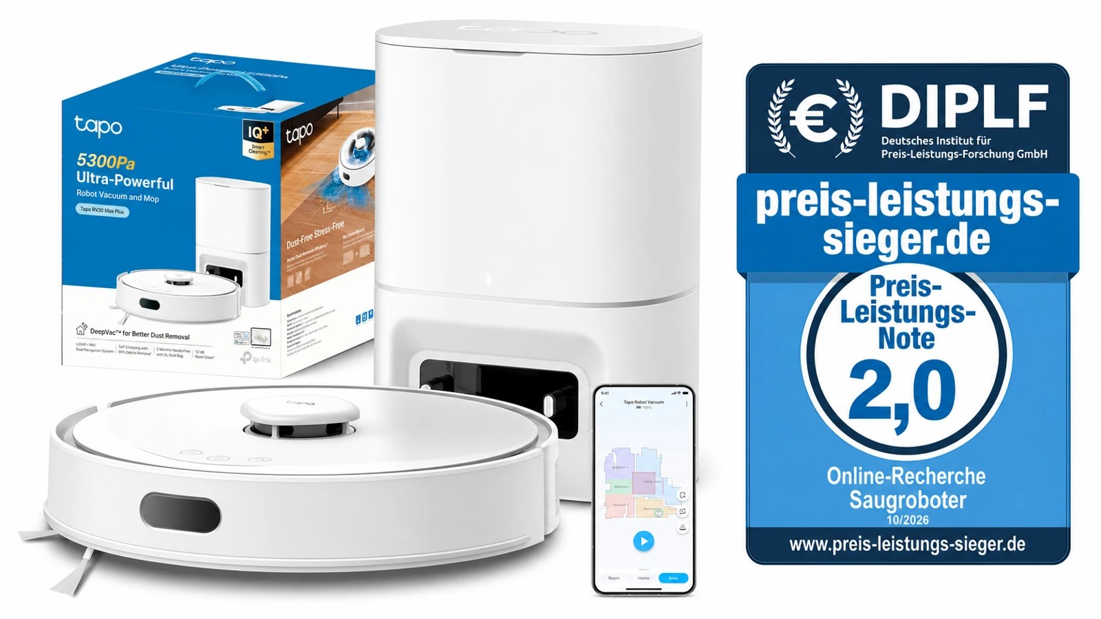 TP-Link Tapo RV30 Max Plus mit redaktionellem P/L-Siegel 2,0 – Titelkomposition mit KI