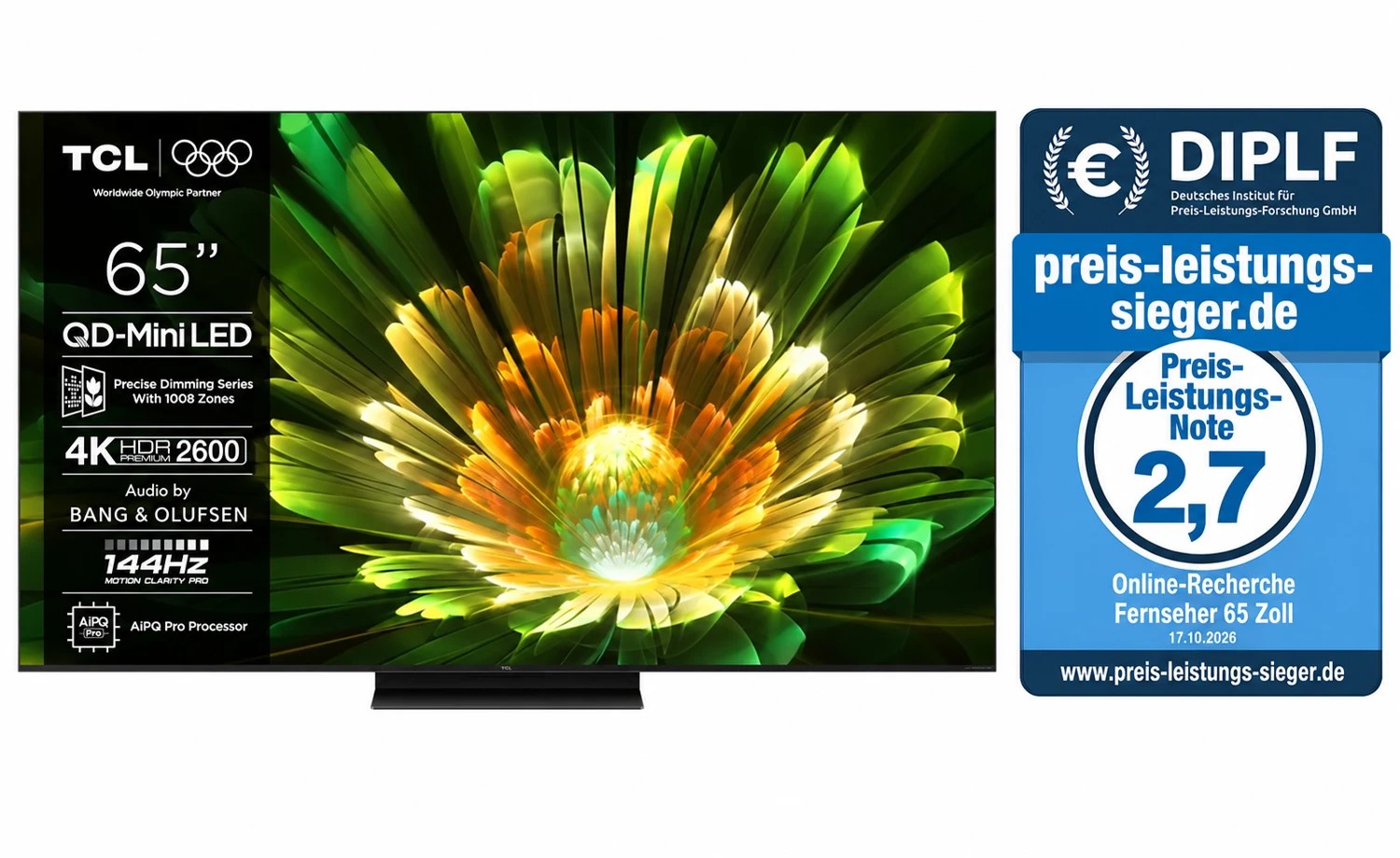 TCL 65Q7C mit eigenem redaktionellen Preis-Leistungs-Siegel; Notenvorschlag 2,7, Recherche 17.10.2026